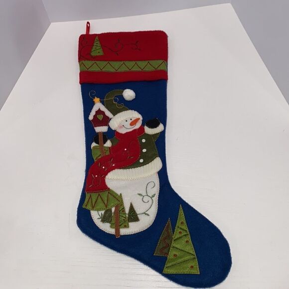 Holiday Christmas Snowman Stocking In Blue Red White & Green - Picture 1 of 9